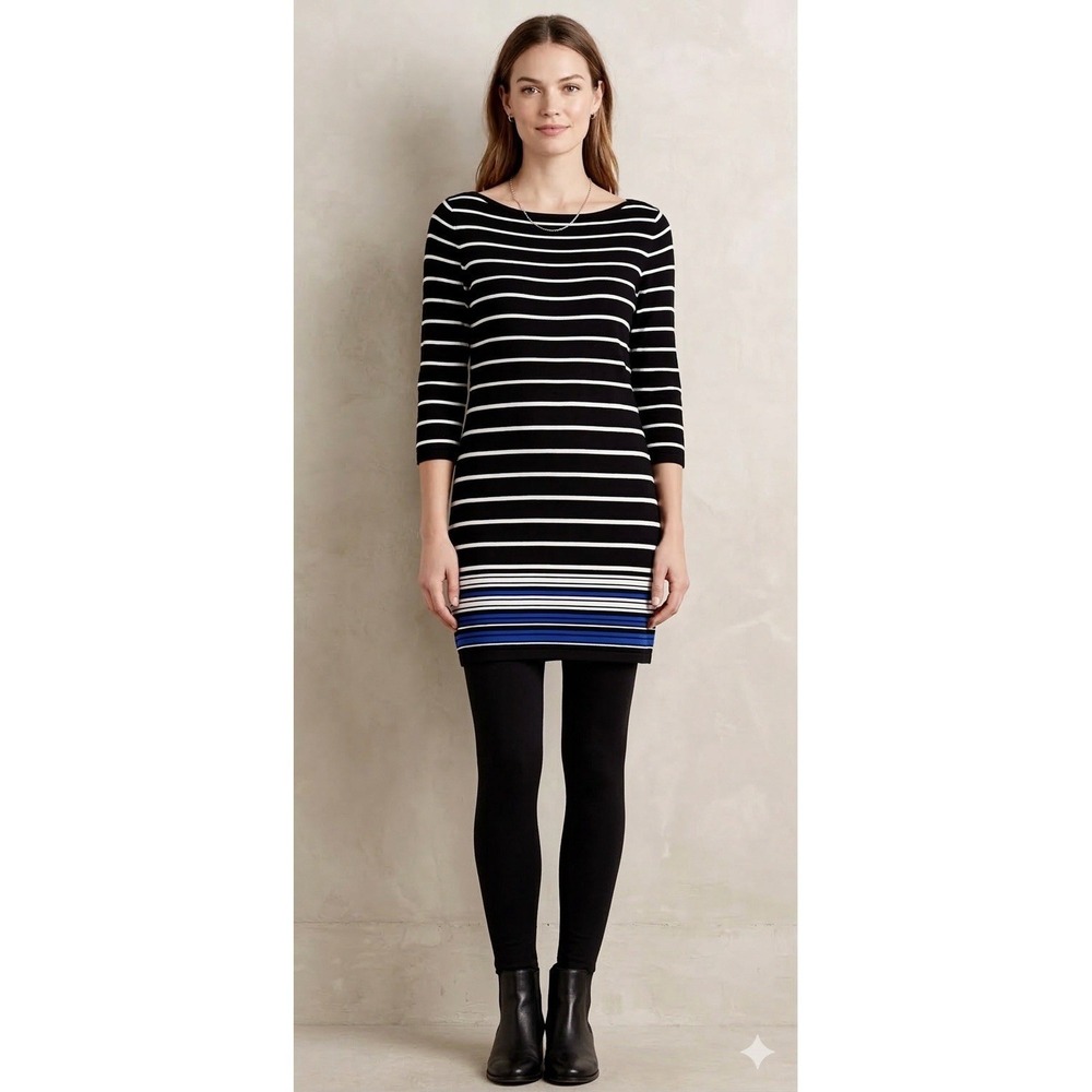White‎ House Black Market Tunic Sweater Women's Medium Black Stripe 3/4 Sleeve